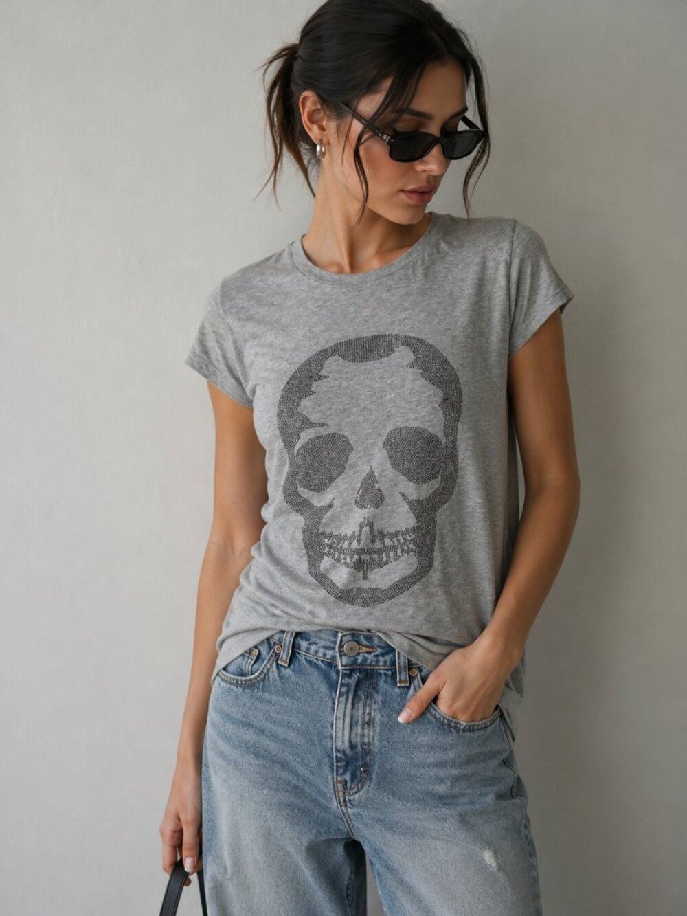 Zadig & Voltaire NWT Skull Embellished T Shirt in Gray Size Large